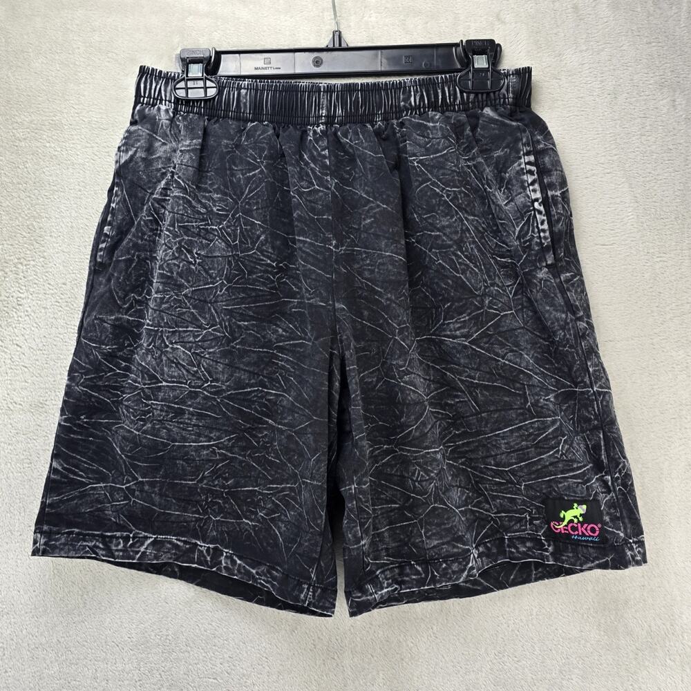 Gecko Hawaii Surfer Style Acid Wash Cotton Shorts Mens Medium Black Vintage
